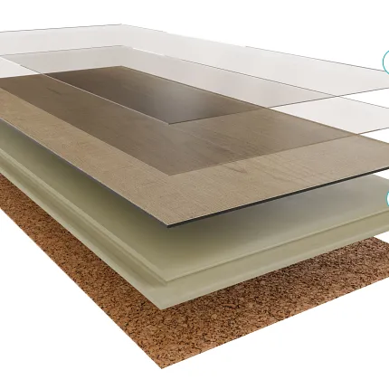 Innovative multi-layer construction of luxury vinyl plank flooring with wood look design and cork underlayment. Cross-section view of luxury vinyl plank flooring showcasing multiple layers including a protective top layer, realistic wood look design, and cork underlayment for enhanced comfort and sound absorption