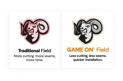 Traditional Field vs GAME ON Field Logo Comparison Comparison of Traditional Field and GAME ON Field logos with text highlighting cutting and seam differences