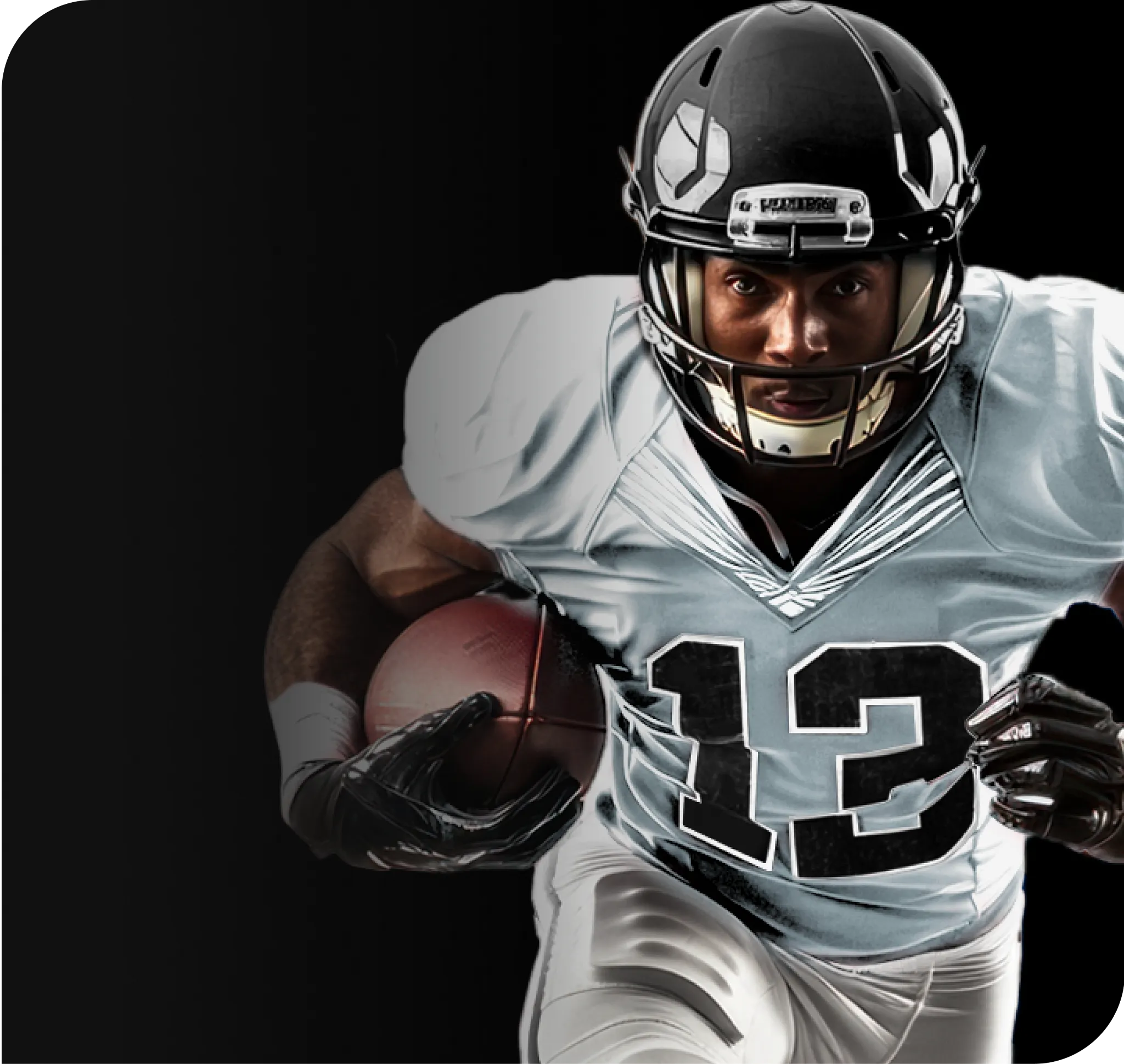 Football player in black helmet and white jersey holding a football