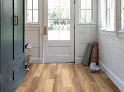 Light Brown SPC Flooring in Entryway - 48.03x7.08 inches Entryway with light brown manufactured SPC flooring, featuring dimensions of 48.03x7.08 inches