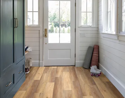 Light Brown SPC Flooring in Entryway - 48.03x7.08 inches Entryway with light brown manufactured SPC flooring, featuring dimensions of 48.03x7.08 inches