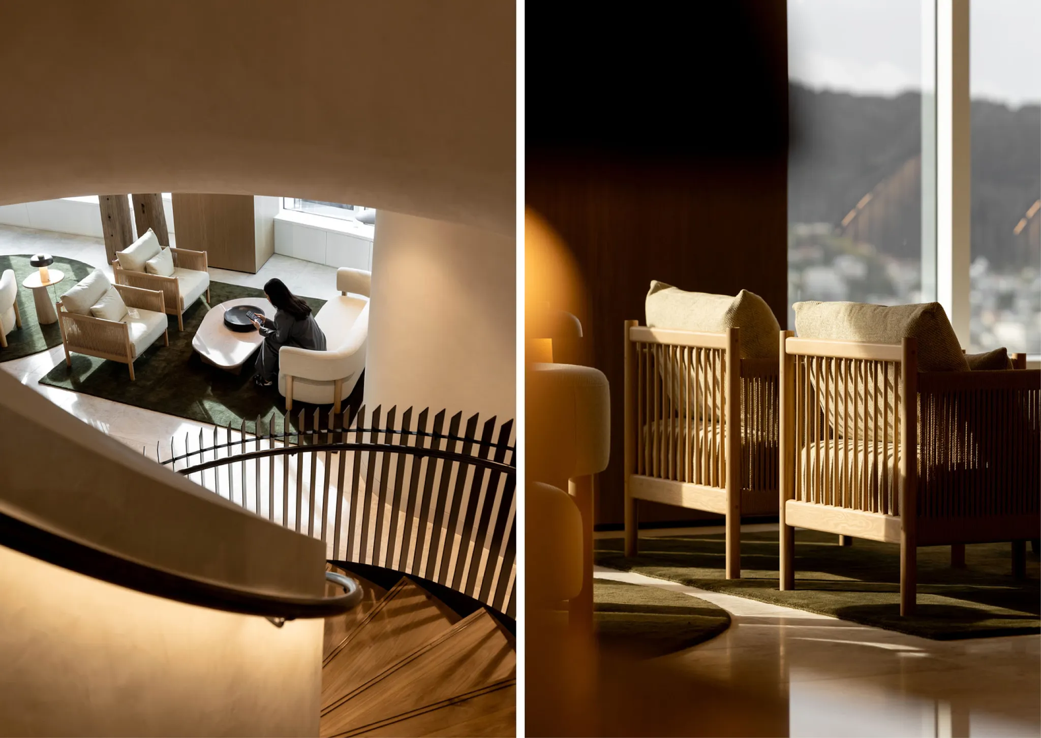 Modern living room with wooden staircase and seating area