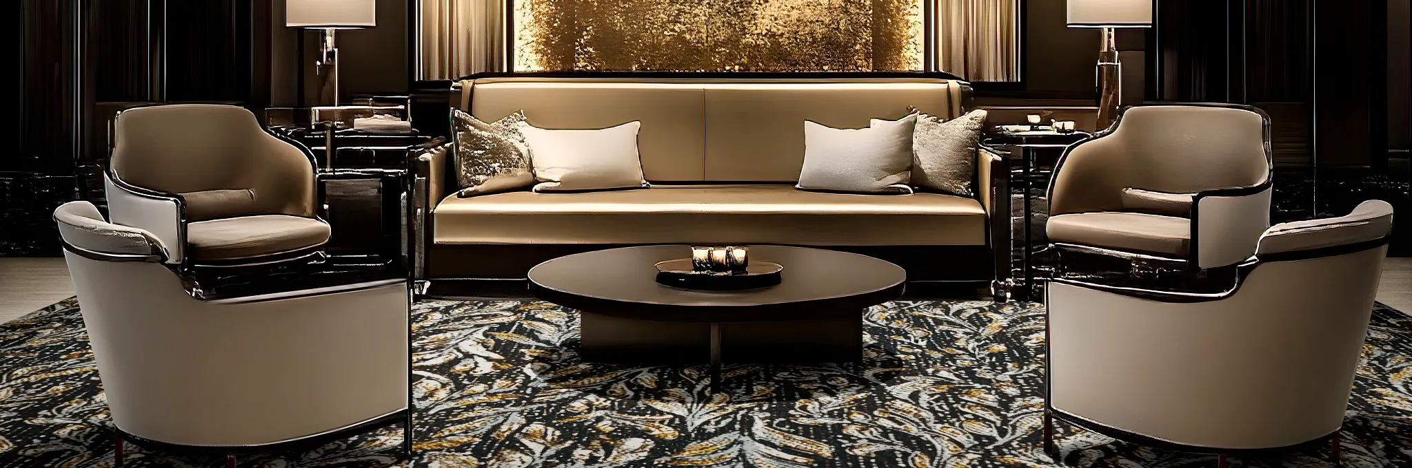 Luxurious hospitality lounge with elegant seating and patterned carpet