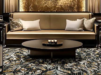 Sophisticated hospitality interior design with plush carpet and chic decor Luxurious hospitality lounge with elegant seating and patterned carpet