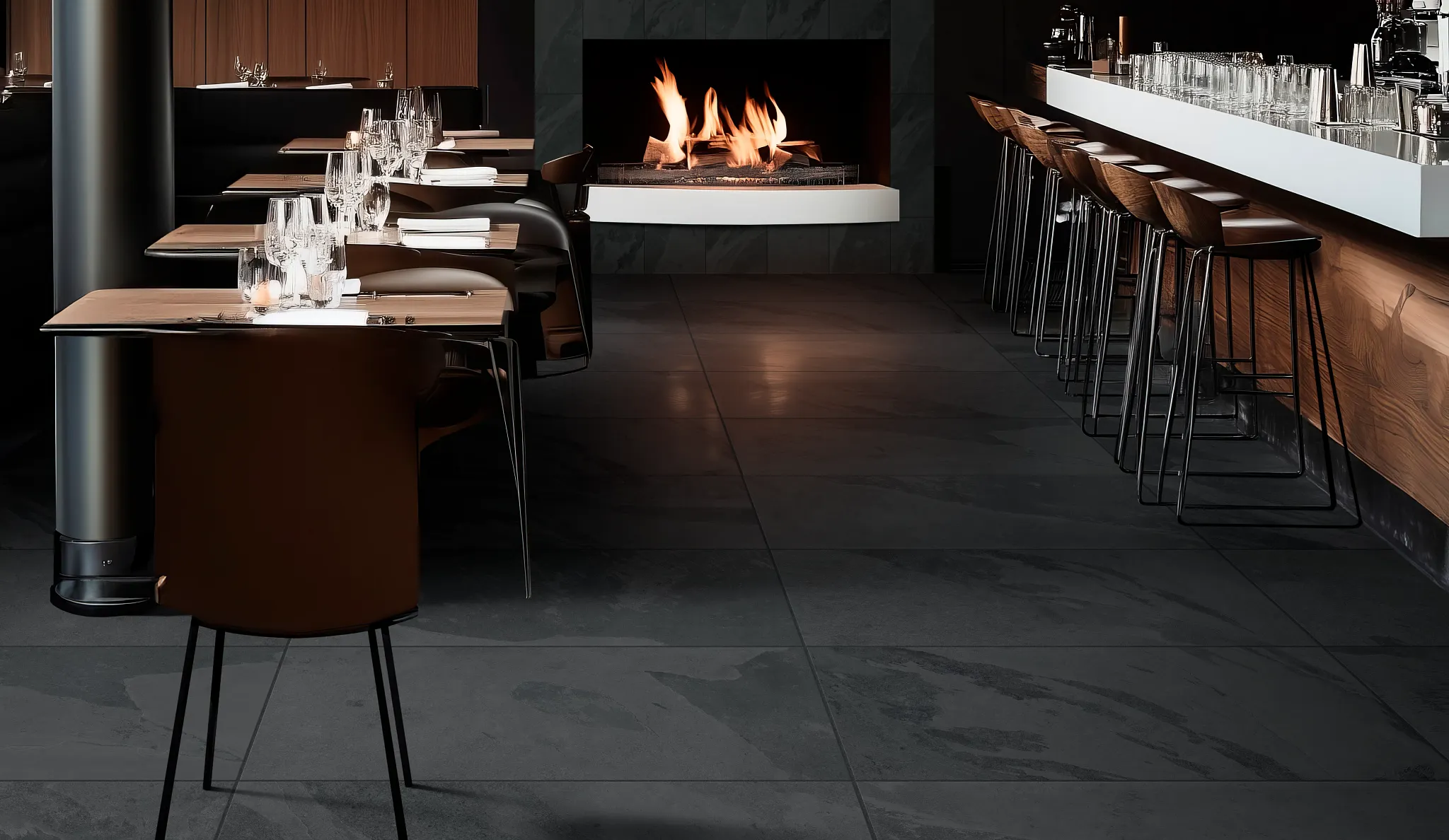Modern restaurant interior with dark porcelain tile flooring