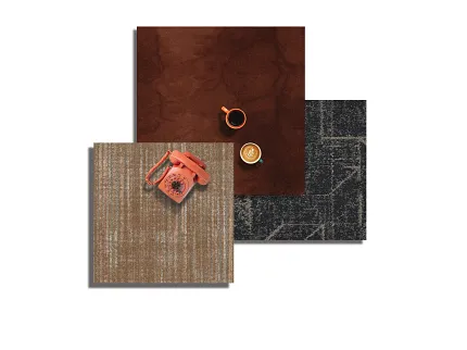 Contemporary Workplace Design with Beige and Brown Commercial Carpet Tile Modern office space with large windows, green chairs, and abstract art on the wall featuring commercial carpet tile in shades of beige and brown