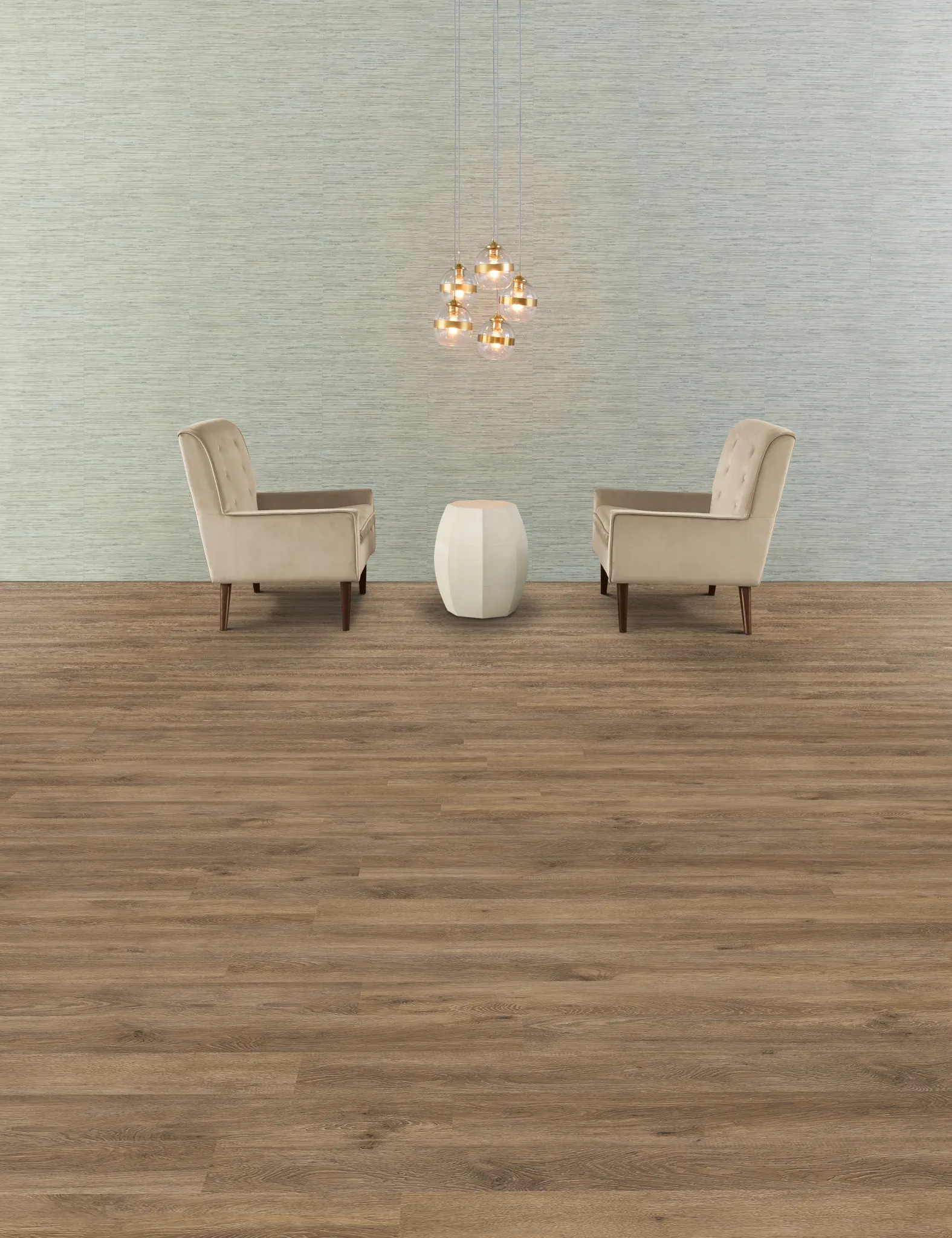 Modern seating area with beige chairs and a white table on wood-look flooring