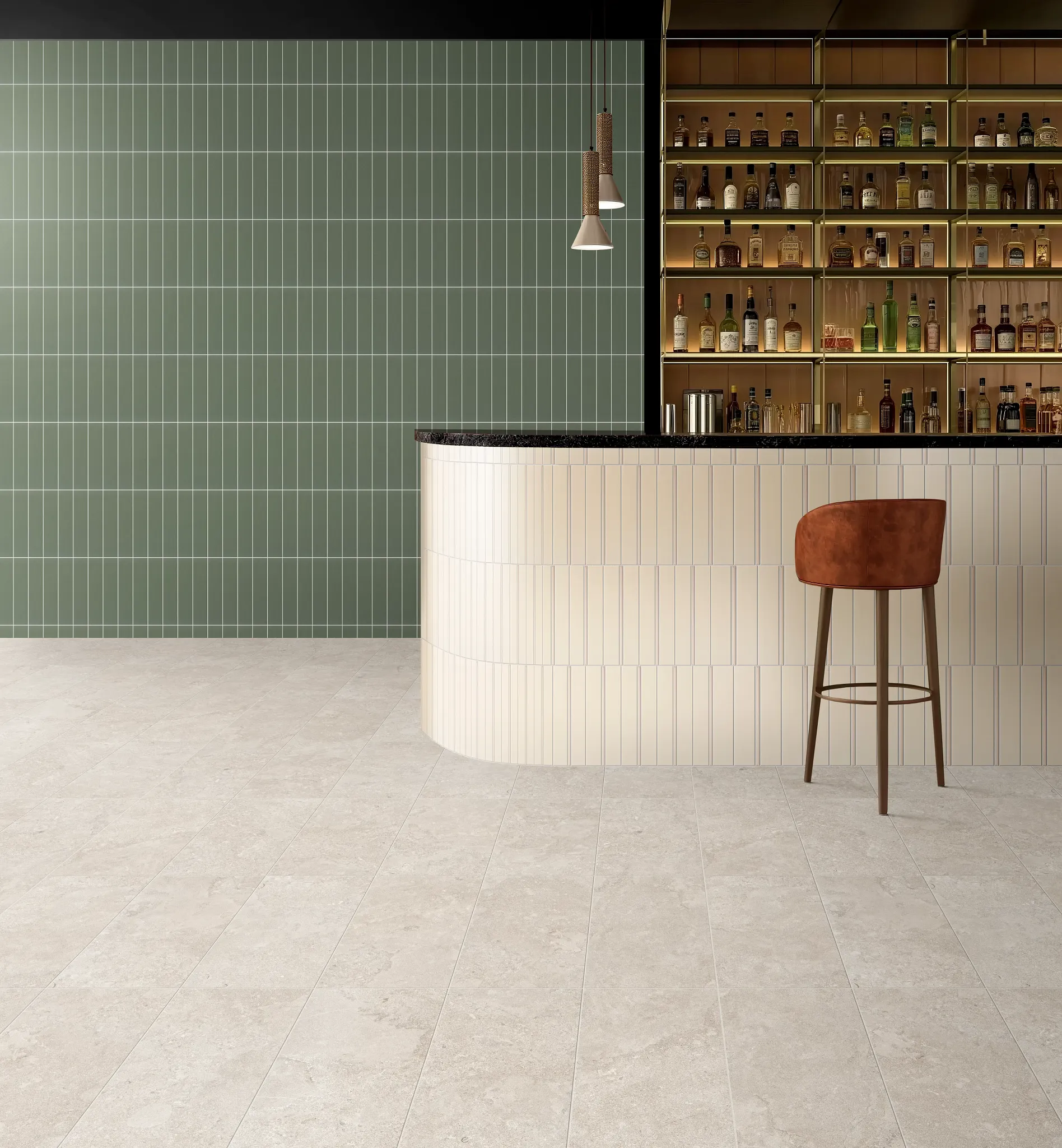 Modern bar area with ceramic tile flooring and geometric wall design
