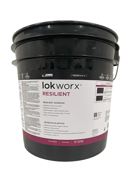 High-strength LokWorx adhesive for resilient flooring LokWorx Resilient Adhesive bucket for flooring installation