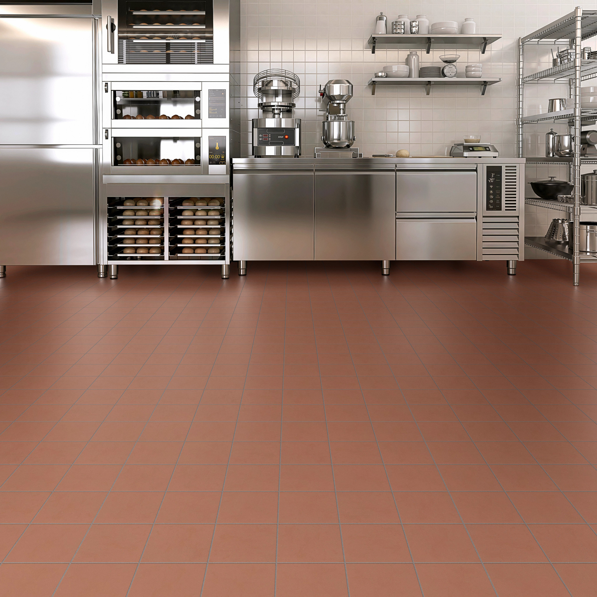 Commercial kitchen installed with quarry tile