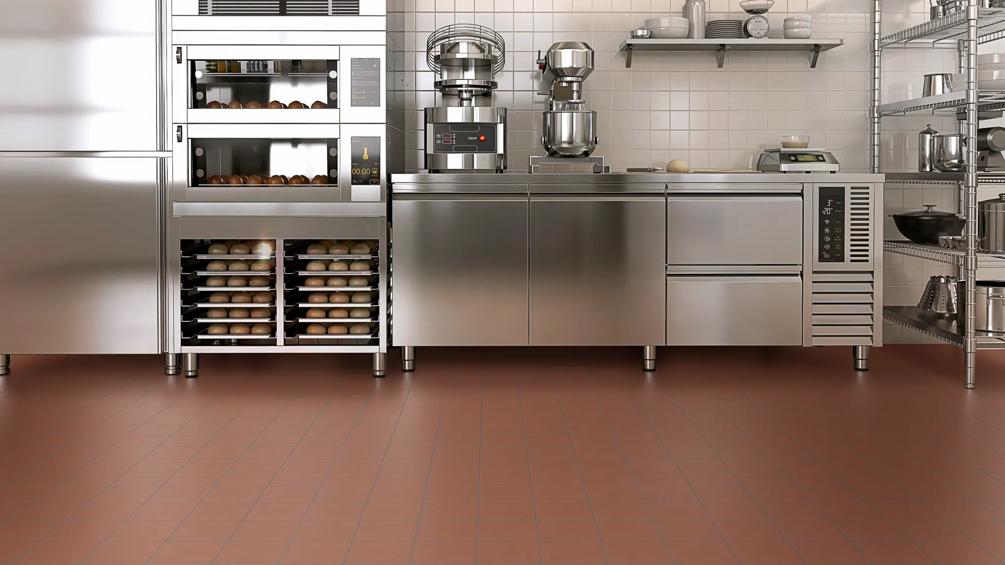 Commercial kitchen with quarry tile flooring