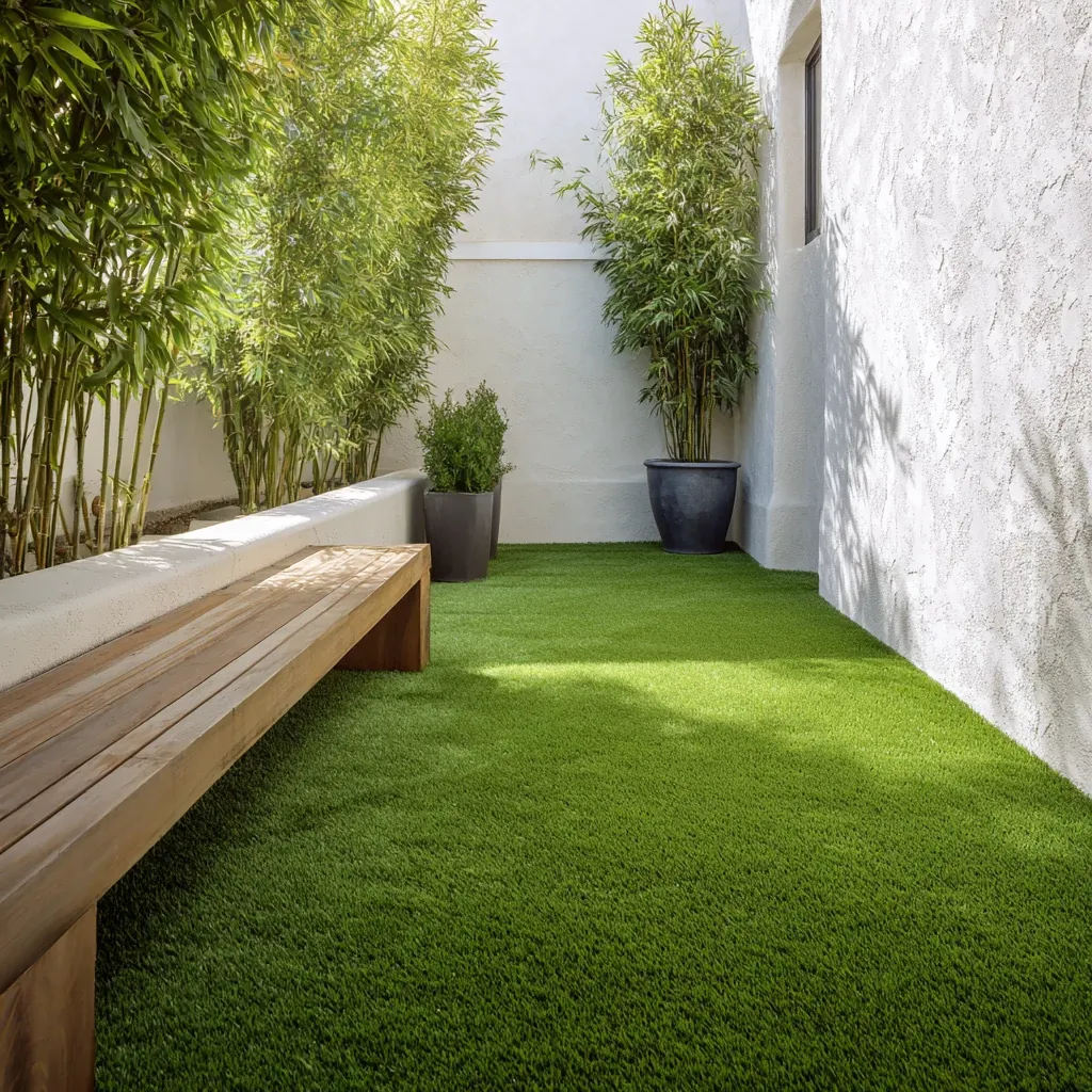 Green artificial grass in a modern outdoor patio