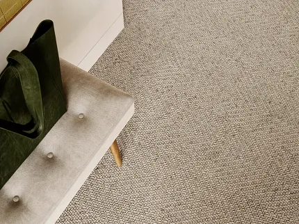 Beige Wool Carpet - Soft Surface by Anderson Tuftex Beige 100% Wool Carpet in a modern room with a bench and green bag