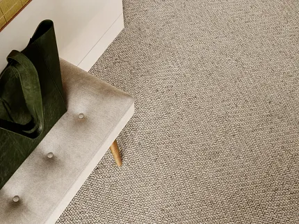 Beige Wool Carpet - Soft Surface by Anderson Tuftex Beige 100% Wool Carpet in a modern room with a bench and green bag
