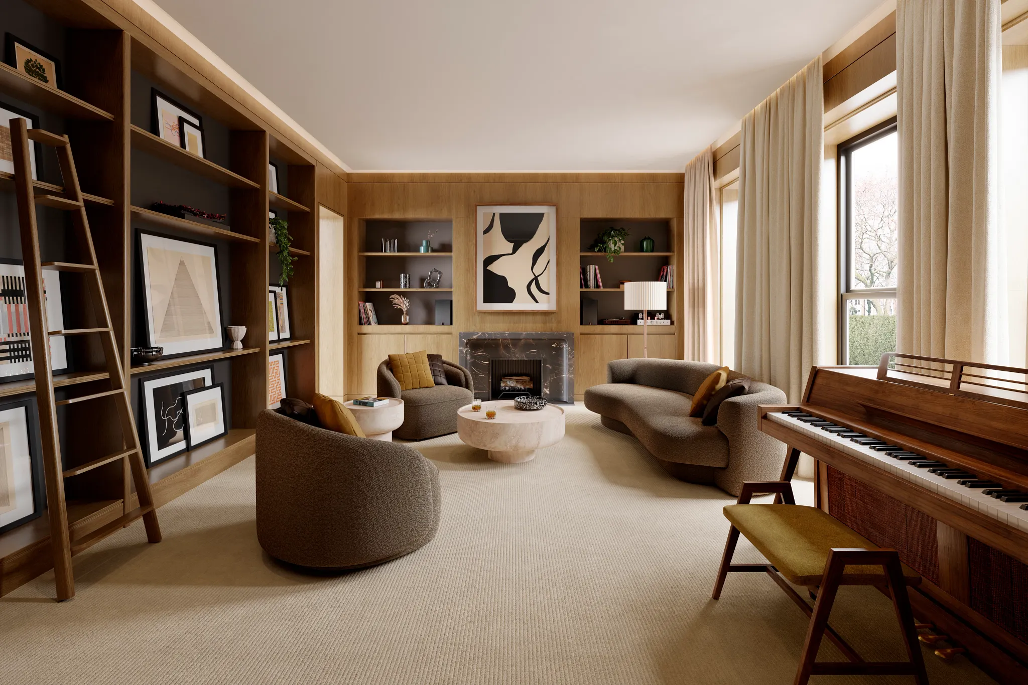 Cozy living room with beige carpet flooring and modern furniture