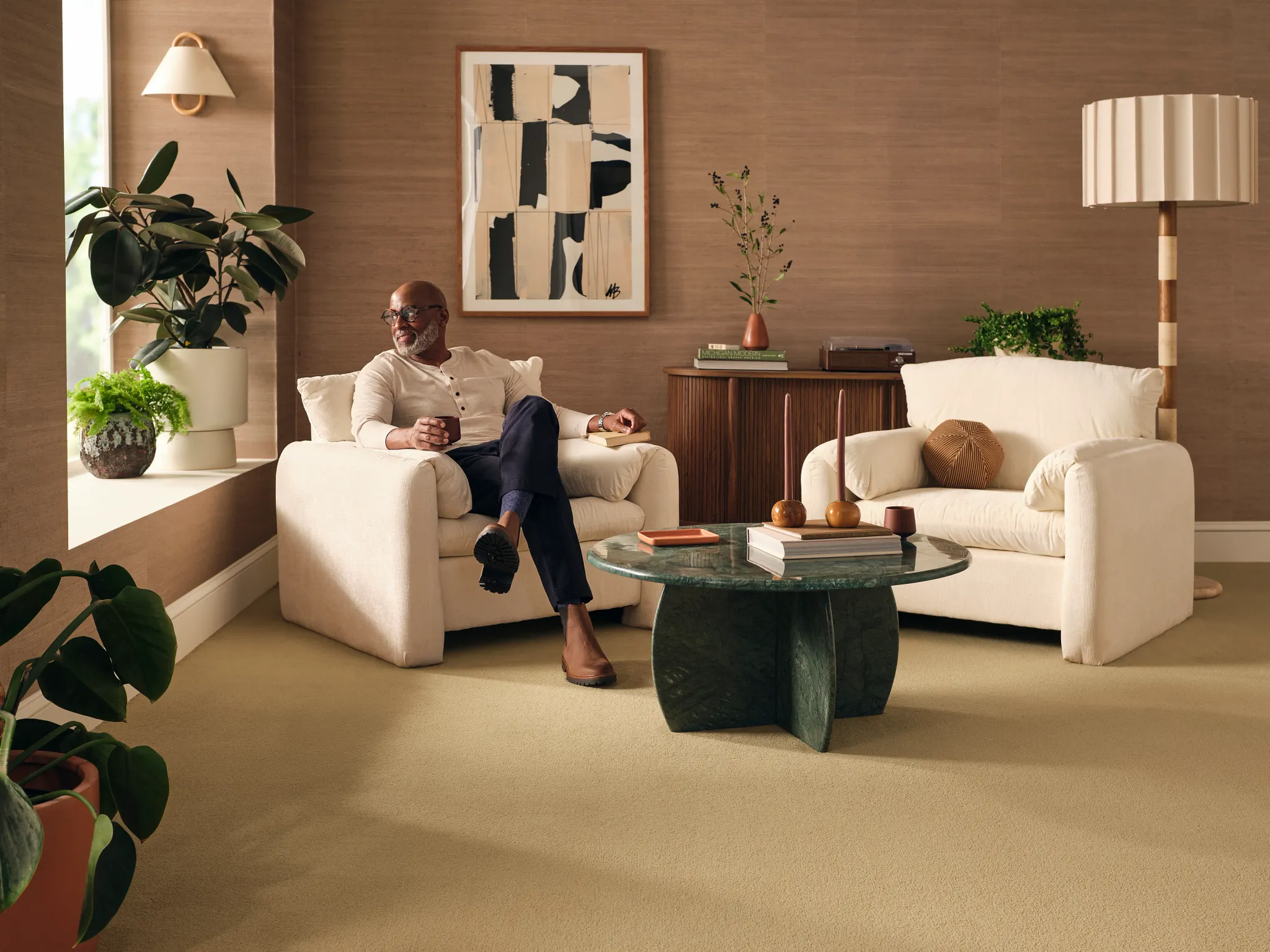 Modern living room with beige synthetic carpet and contemporary furniture