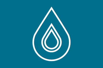 Water droplet icon design on teal background Blue and white water droplet icon on a teal background