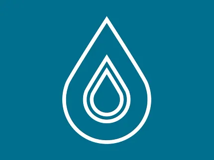 Water droplet icon design on teal background Blue and white water droplet icon on a teal background
