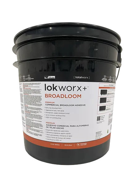 Lokworx+ Broadloom Adhesive for Commercial Carpet Installation Lokworx+ Broadloom Commercial Carpet Adhesive in Black Container