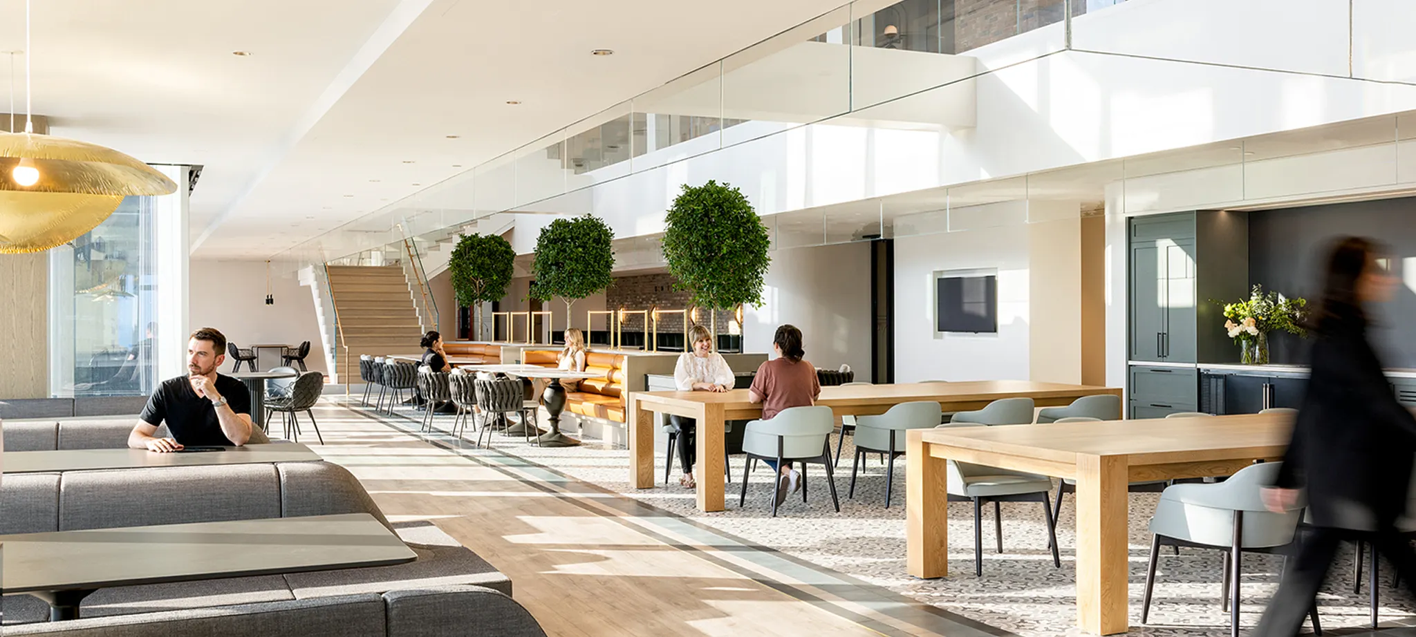 Modern workplace interior with wooden tables, gray seating, and large windows