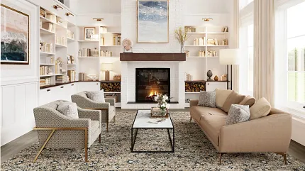 Stylish Living Room with Hardwood Flooring and Modern Decor Elegant living room with a cozy fireplace, modern furniture, and a patterned area rug on hardwood flooring