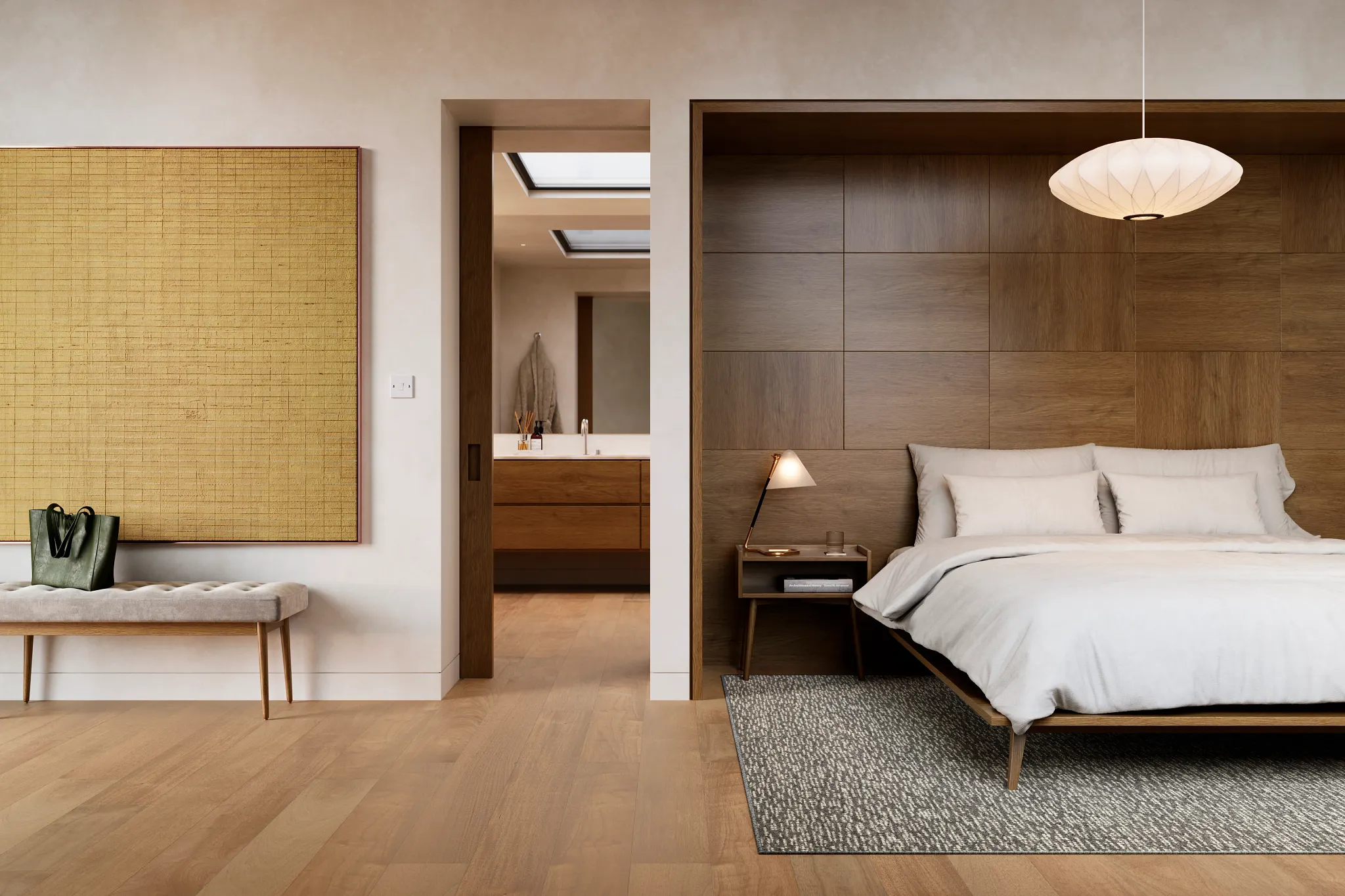 Modern bedroom with 100% wool carpet and wooden accents