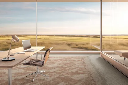 Contemporary office with scenic view and commercial carpet tile flooring Modern office space with large windows overlooking a scenic landscape, featuring commercial carpet tile in shades of brown and beige