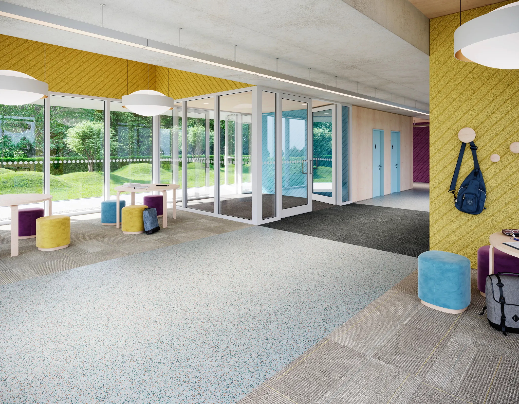 Education facility with colorful carpet tiles in 24x24 inch dimensions