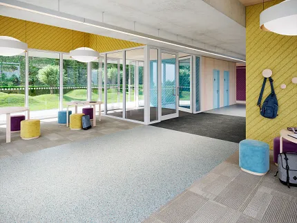 Vibrant carpet tile flooring for educational spaces Education facility with colorful carpet tiles in 24x24 inch dimensions