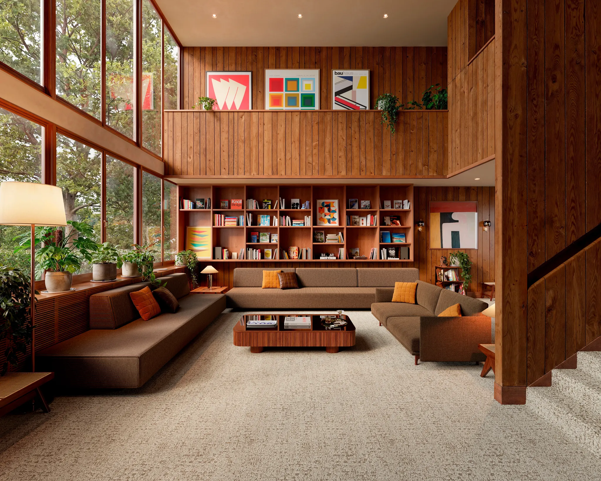 Beige carpet flooring in a cozy home bar setting