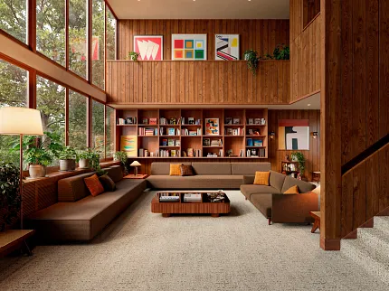 Stylish carpet for inviting home interiors Beige carpet flooring in a cozy home bar setting