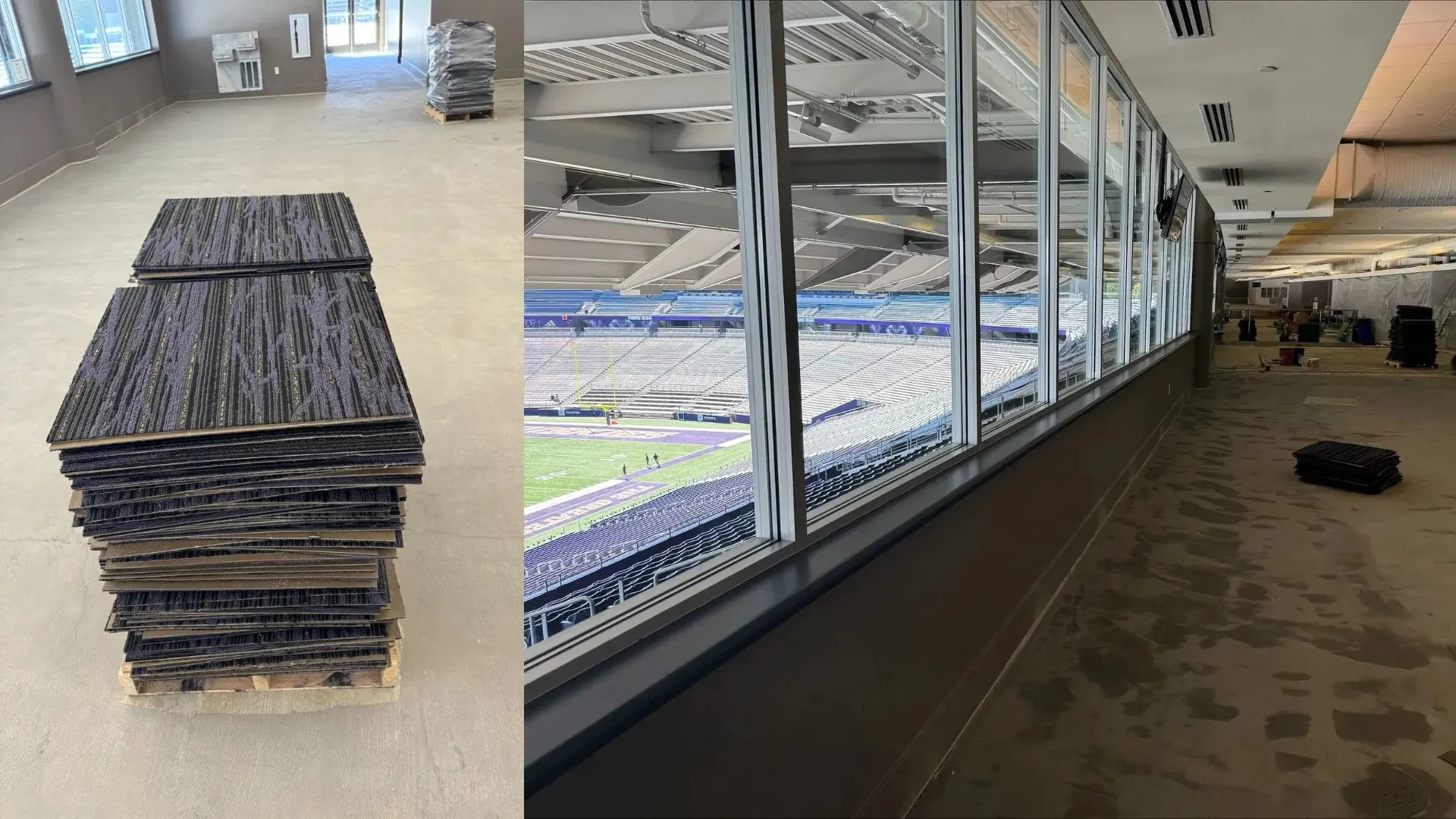 Stacked carpet tiles in a stadium suite under construction