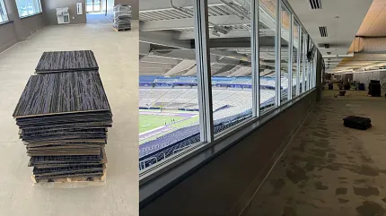 Durable carpet tiles for commercial spaces Stacked carpet tiles in a stadium suite under construction