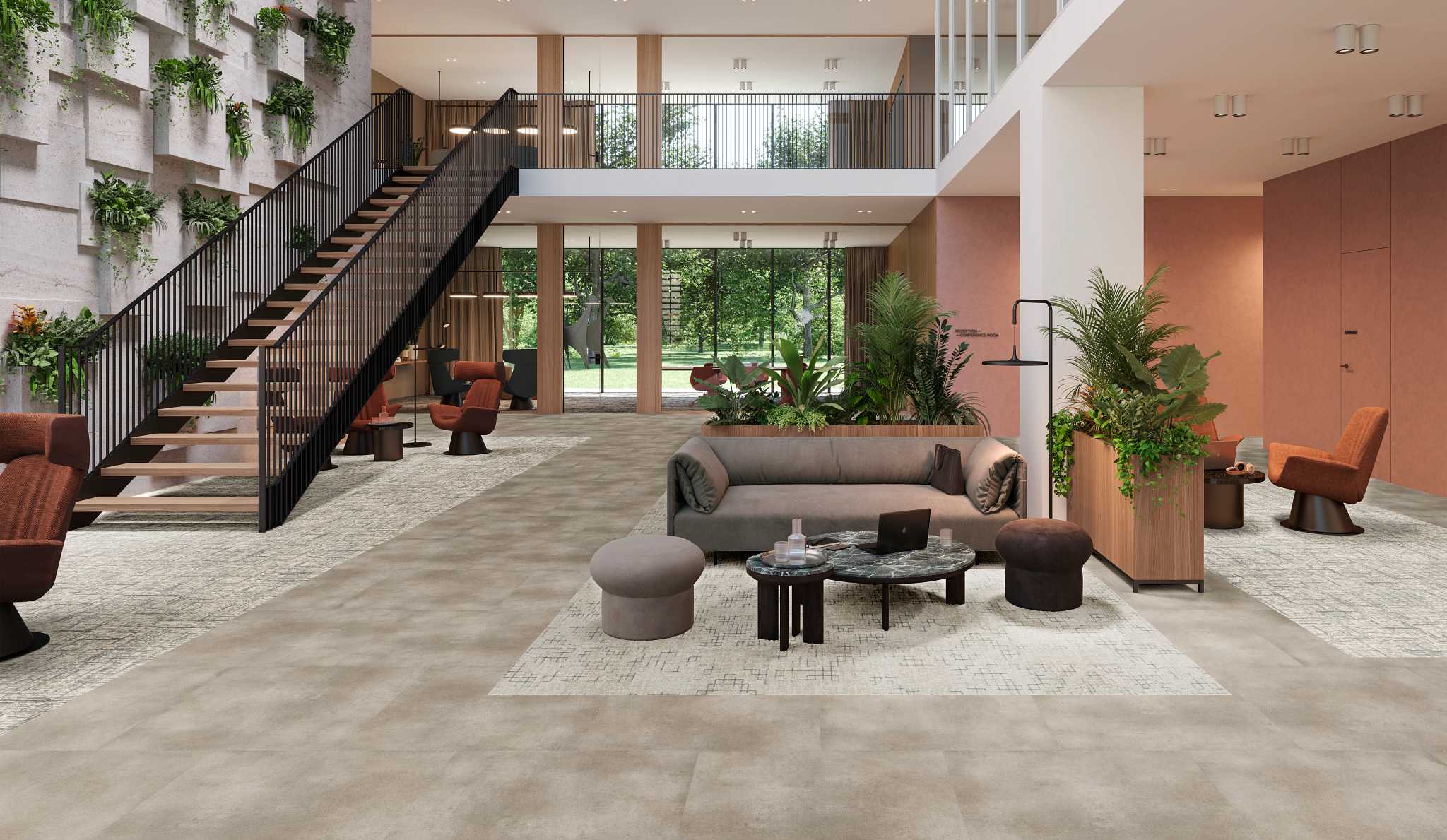 Education Facility Lobby with Commercial Luxury Vinyl Tile Flooring - 36x36 inch Modern lobby with Commercial Luxury Vinyl Tile flooring in a spacious Education Facility, featuring a staircase, plants, and contemporary furniture, 36x36 inch Commercial LVT in neutral tones.