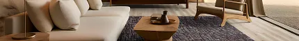 Contemporary living room with abstract art and patterned carpet on wood flooring Custom Pattern HF88638 and Inlet II in Spindle