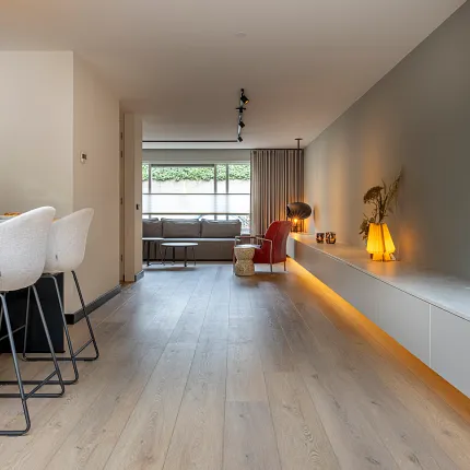Light wood flooring in a modern living room with contemporary furniture