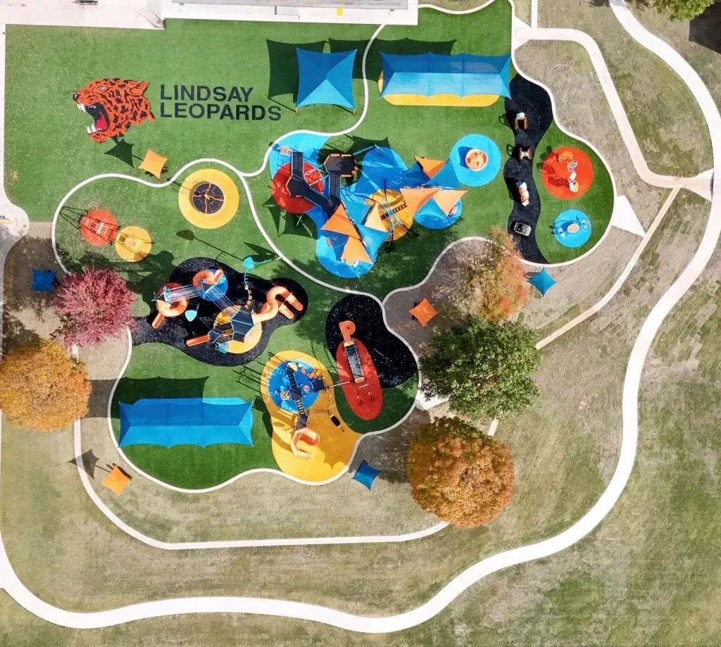 Aerial view of colorful playground with Lindsay Leopards logo