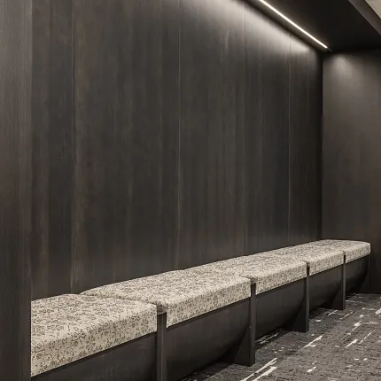 Stylish commercial carpet tile 18x36 inch for contemporary spaces Dark carpet tile flooring in a modern interior with patterned bench seating