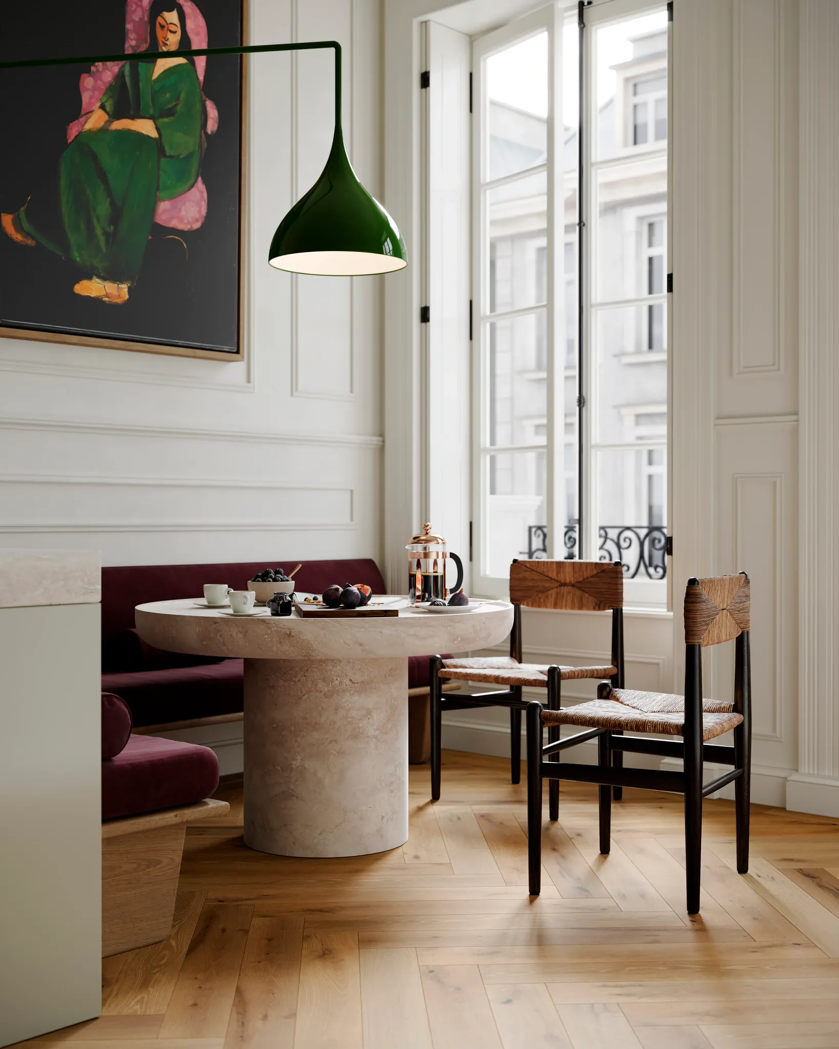Modern dining room with wooden table and chairs on 100% wool carpet