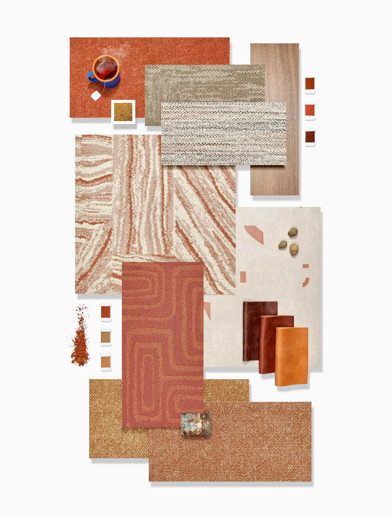 Assorted carpet tile samples in shades of orange, beige, and brown