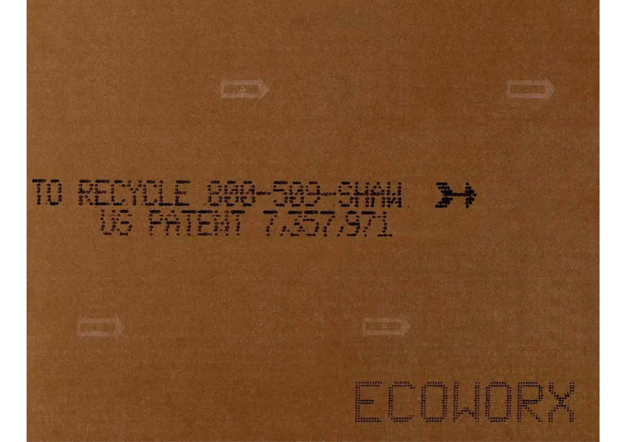 Dark brown flooring swatch with Ecoworx branding and recycling information