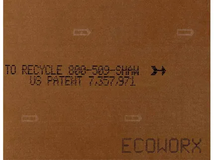 Ecoworx Dark Brown Flooring Swatch with Recycling Details Dark brown flooring swatch with Ecoworx branding and recycling information