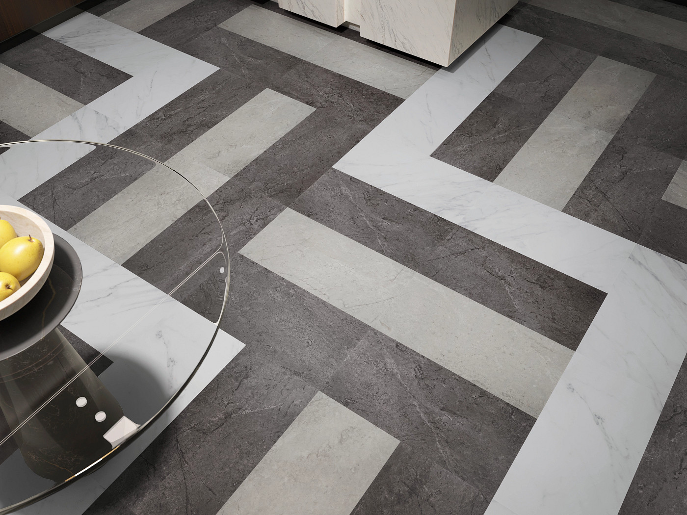 Carrara White flooring, shown in a room