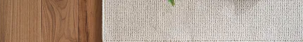 Close-up of a beige woven rug next to a wooden floor with green plant and shoes