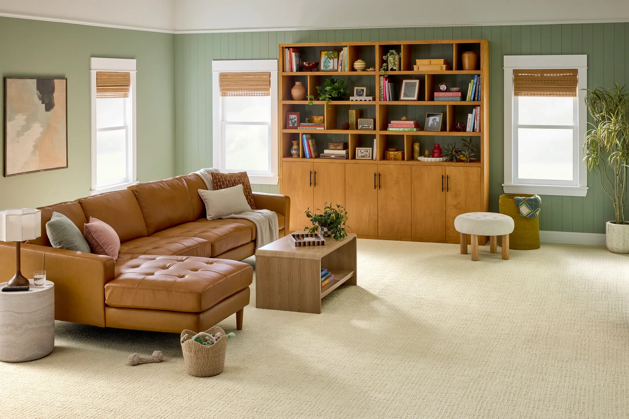 Cozy living room with soft surface carpet flooring
