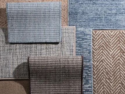 Premium Wool Carpet Swatches in Various Patterns and Colors 100% Wool Carpet Swatches in Blue, Beige, and Brown Tones