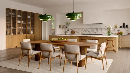 Elegant dining room featuring 100% wool carpet flooring Modern dining room with wooden furniture and 100% wool carpet