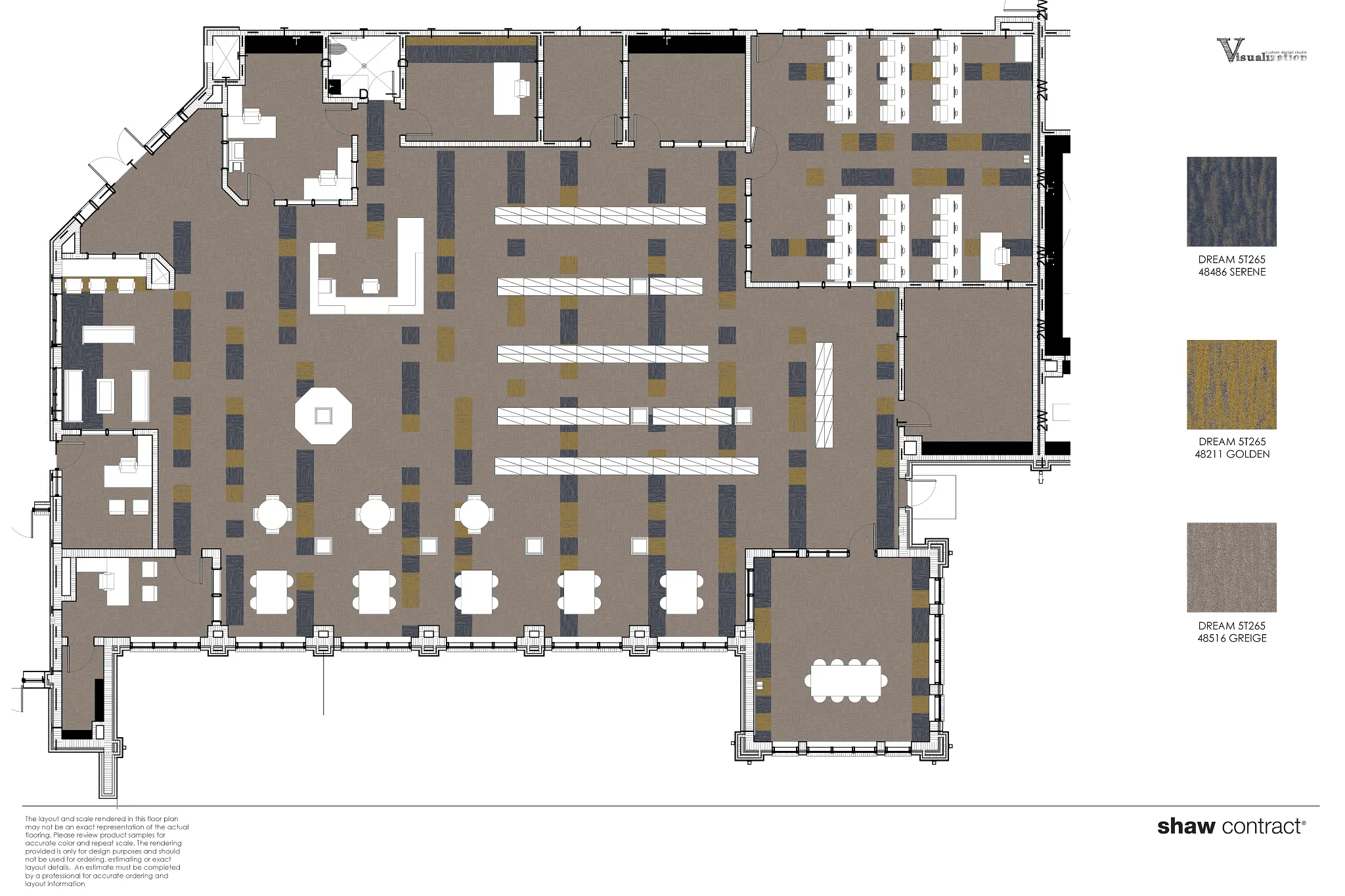 Floor plan featuring Shaw Contract's Dream 57425 carpet tiles in Serene, Golden, and Greige colors