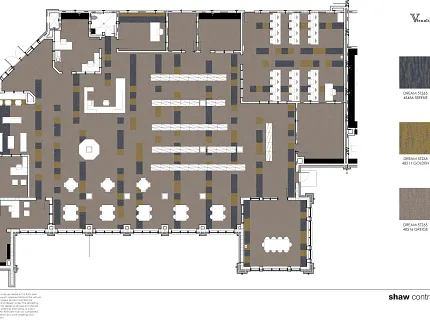 Shaw Contract Dream 57425 Carpet Tile Floor Plan with Serene, Golden, and Greige Colors Floor plan featuring Shaw Contract's Dream 57425 carpet tiles in Serene, Golden, and Greige colors