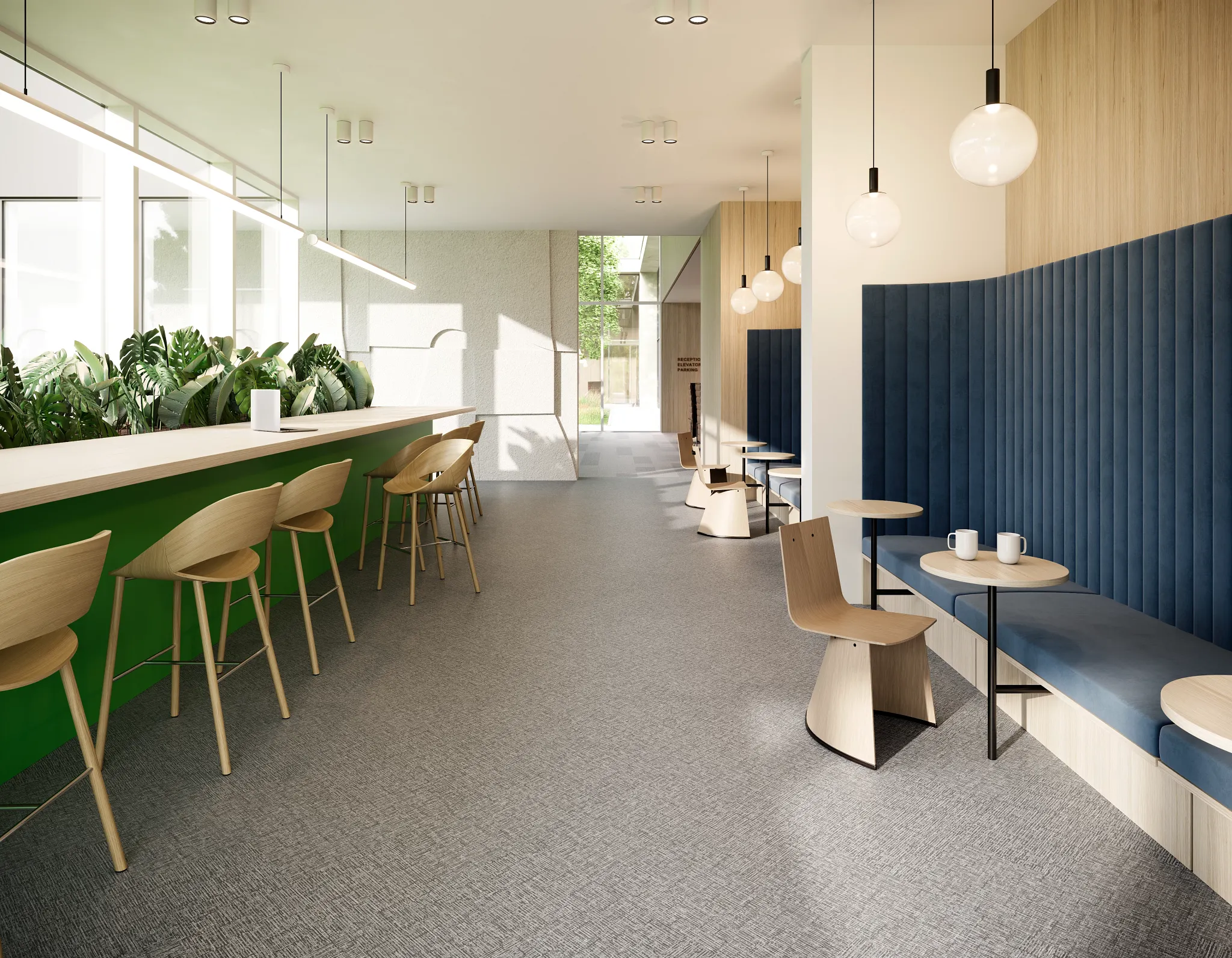 Modern education facility with heavy commercial luxury vinyl tile flooring in a bright, open space featuring wooden chairs and blue cushioned seating